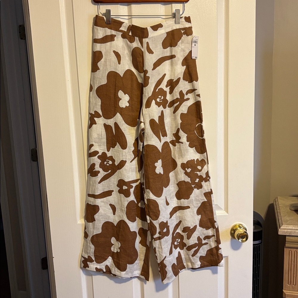 NWT- Magaschoni Brown and White Wide Leg Pants 100% Linen
